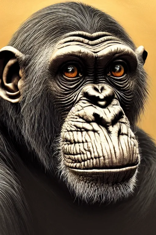 Prompt: portrait of an old chimpanzee wearing a elegant hat, intricate wrinkles, dystopian, sci-fi, evening light, extremely detailed, hands, digital painting, sculpted in zbrush, artstation, concept art, smooth, sharp focus, illustration, chiaroscuro lighting, golden ratio, incredible art by Stanley Artgerm Lau and Greg Rutkowski, composition by Alphonse Mucha and Simon Stalenhag