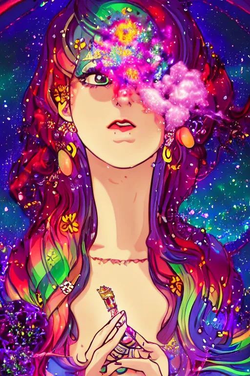Image similar to psychedelic, whimsical, anime, 4k, beautiful intimate woman blowing smoke, with professional makeup, long trippy hair, a crystal and flower dress, sitting in a reflective pool, surrounded by gems, underneath the stars, rainbow fireflies, trending on patreon, deviantart, twitter, artstation, volumetric lighting, heavy contrast, art style of Ross Tran and Viktoria Gavrilenko