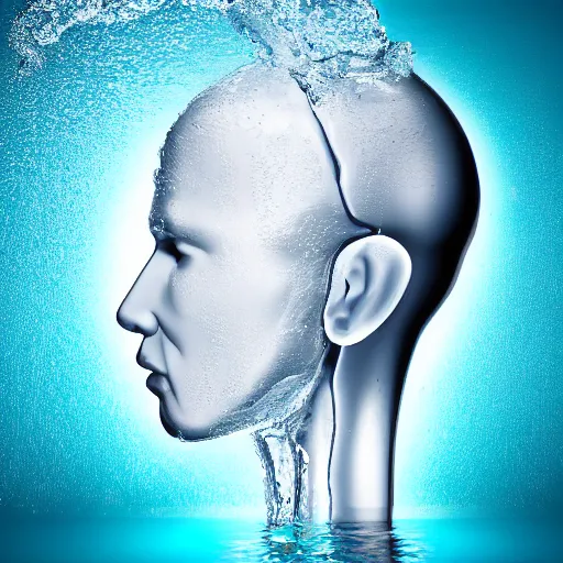 Image similar to a human head made of water, minimalist logo icon, white background, futuristic, glowing, hyper realistic, ray tracing, realistic water splashes, sharp focus, long shot, 8 k resolution