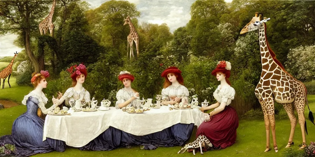 Image similar to elegant victorian tea party with giraffes in an english summer garden patio, pre - raphaelite - h 7 6 8