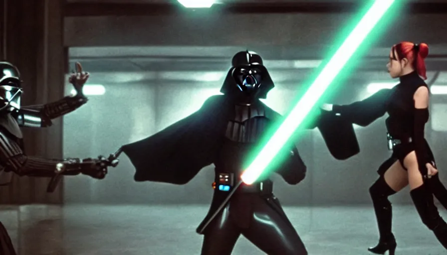 Prompt: cinematic shot of darth vader fighting harley quinn with a lightsaber, movie sequence from the original star wars