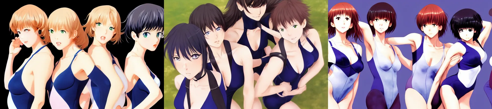 Prompt: closeup posing together in leotards. by takashi takeuchi, yoshiyuki sadamoto, amagaitaro, makoto shinkai, krenz cushart, asao urata, pixiv