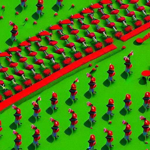 Prompt: Large field with an army of red and green lawn gnomes wielding midieval weaponry, axonometric exploded view, high detail, 8k, photorealistic