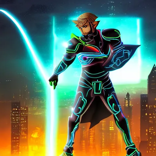 Image similar to Ganondorf in the style of Tron Legacy, wielding a large neon fantasy greatsword, tron legacy city in the background, dark black sky