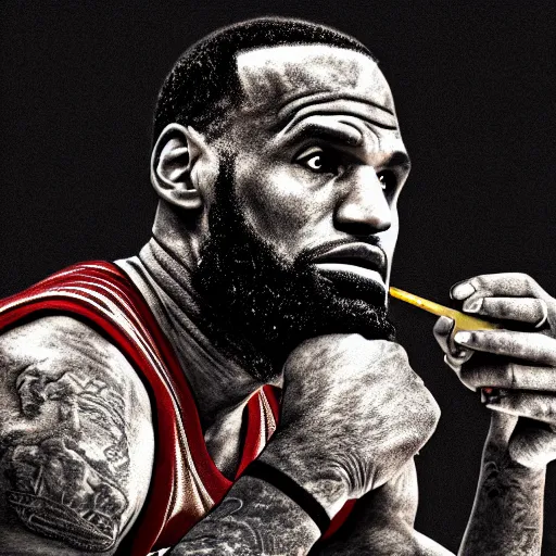 Image similar to lebron james solemn at tea party, melancholy, high detail shot, smoking, render, cgsociety, photorealism