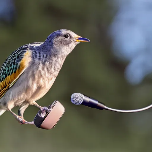 Image similar to A photograph of a bird wearing headphones and speaking into a microphone