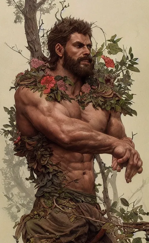 Prompt: god of the forest, 3 0 years old, rugged, male, gorgeous, detailed face, amazing, thighs!!!!!!, flowers, muscular, intricate, highly detailed, digital painting, artstation, concept art, sharp focus, illustration, art by greg rutkowski and alphonse mucha