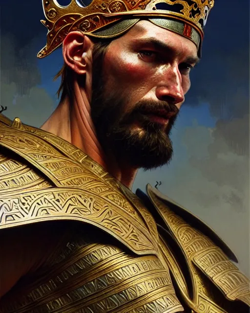 Image similar to highly detailed picture of a tall warrior - king, movie action still frame, intricate, elegant, highly detailed, hyperrealism, digital painting, concept art, smooth, sharp, focus, illustration, art by artgerm, greg rutkowski, ilya kuvshinov, alphonse mucha