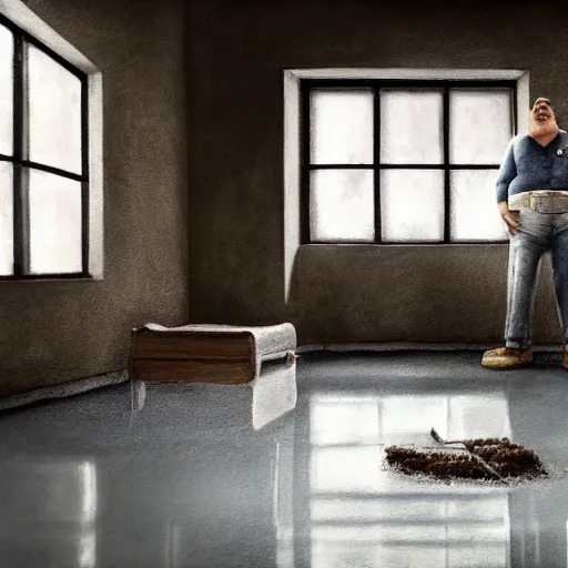 Image similar to high quality high detail painting by john salt, realistic peter griffin standing in a basement with concrete floor. light ray from a blurry window, floating dust, motion blur, gloomy, stippled walls, cinematic shot, epic, realistic, 4 k, perfectly defined features