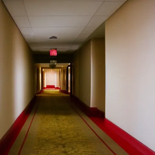 Prompt: An empty hotel hallway, the walls are red and yellow, liminal space