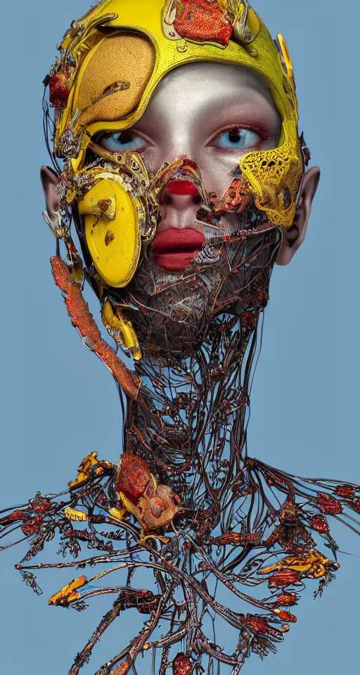 Prompt: cinema 4d colorful render, organic, ultra detailed, of a painted realistic face with glass helmet, scratched. biomechanical cyborg, analog, beautiful natural soft rim light, blood, veins, sicko, winged insects and stems, roots, fine foliage lace, blue and yellow details, Alexander Mcqueen high fashion haute couture, art nouveau fashion embroidered, intricate details, mesh wire, computer components, motherboard, floppy disk eyes,mandelbrot fractal, anatomical, facial muscles, cable wires, elegant, hyper realistic, in front of dark flower and feather pattern wallpaper, ultra detailed, 8k post-production