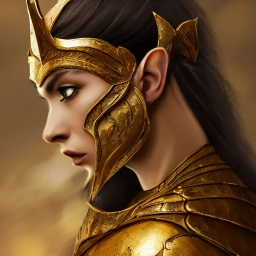 Prompt: side portrait of a female elven warrior, fantasy, head tilted down, black hair, gold armour, gold jewelry, white skin, detailed face, trending on artstation, gsociety, D&D, elegant, highly detailed, sophisticated, hyperrealistic, detailed illustration, smooth, sharp focus, upper body, intricate, rule of thirds, holy glow, backlit, hd 4k by Greg Rutkowski, Charlie Bowater, Karol Bak