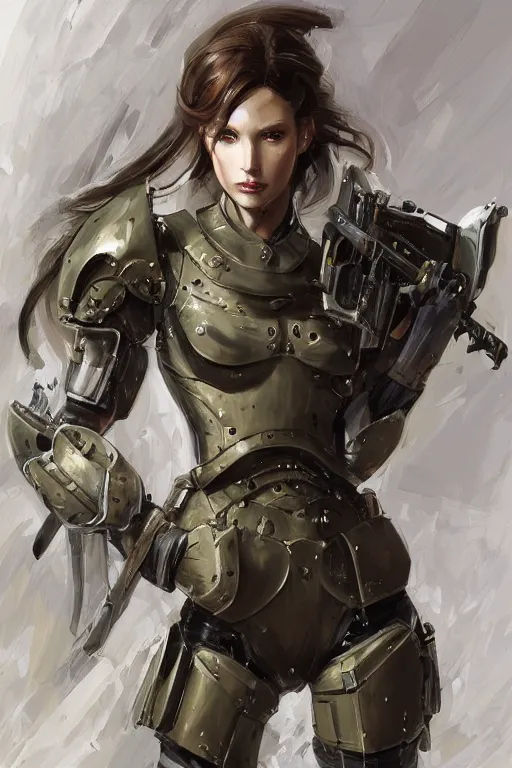 Image similar to a professionally painted portrait of an attractive young woman clothed in military-style battle armor, olive skin, long dark hair, beautiful bone structure, symmetrical facial features, intricate, elegant, heroic, digital painting, concept art, smooth, sharp focus, illustration, finely detailed, from Metal Gear by Ruan Jia and Mandy Jurgens and Artgerm and William-Adolphe Bouguerea, award winning, trending on Artstation