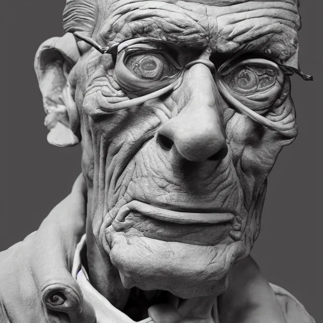 Image similar to photography of a sculpture of Samuel Beckett made of clay by Gerald Scarfe and Michelangelo, 50mm, studio atmosphere, 8K, rim light, octane render, ultra-realistic