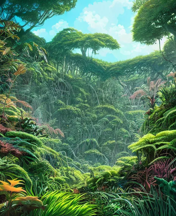 Prompt: an enormous conservatory, overgrown with huge weird ferns and exotic fungus, on an ocean cliff side, noon, sun drenched, partly cloudy, by dan mumford, yusuke murata, makoto shinkai, ross tran, cinematic, unreal engine, cel shaded, featured on artstation, pixiv