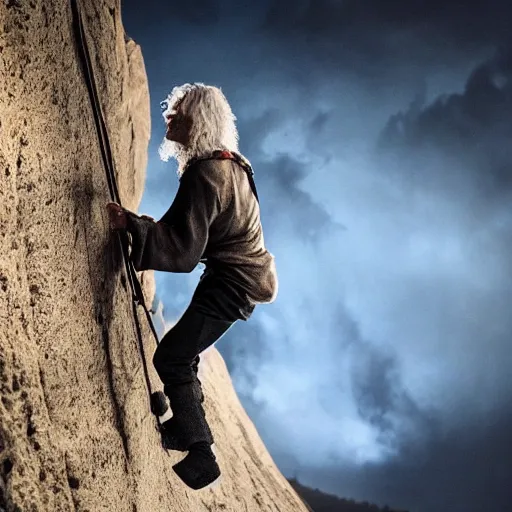 Prompt: adam ondra as gandalf, adam ondra face on gandalf, epic lighting