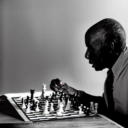 Prompt: film still of an elderly blac k man playin g chess, medium shot, midshot