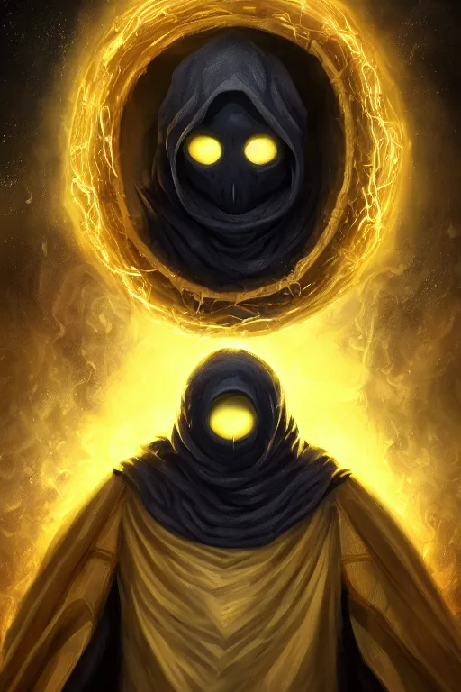 Prompt: A full body portrait of a mysterious character with no face with a very long hooded yellow cloak, a golden crown floating above his head tentacles coming out the ground art by Shaddy Safadi and Jason Chan, ominous, cosmic horror, trending on artstation, Ultra detailed, hyper realistic 4k