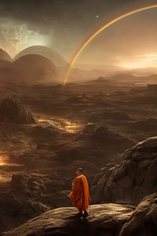 Prompt: a monk looking down at a vast dystopian valley alien landscape at sunrise, ruined alien architecture, cosmic, nebula highly detailed, vivid color, cinematic lighting, perfect composition, rainbowshift, 8 k, h. r giger, derek zabrocki, greg rutkowski, sangyeob park, maxfield parrish, octane render