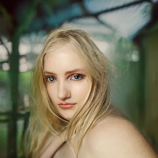 Prompt: aero ektar lens. shallow depth of field. head to waist portrait photograph of an extremely beautiful!!!! young blonde female. symetric face. round detailed eyes. with a very detailed barn owl! on her shoulder., petzval lens. in a tropical greenhouse. featured on flickr, art photography, photo taken with provia,