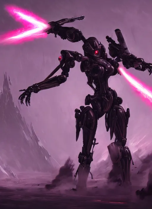 Image similar to epic cinematic shot of singular stunning beautiful hot anthropomorphic mecha female dragon fighting in the nuclear war with laser rifle, has silver armor and fuchsia skin, skeletons on the ground, bleak atmosphere, warframe fanart, terminator art, epic scale, furaffinity, deviantart, octane