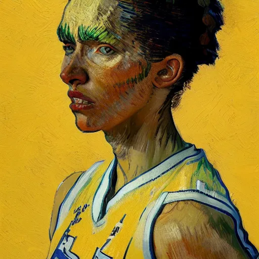 Image similar to painting of an woman basketball player, a van gogh style, greg rutkowski, cg worker artstation