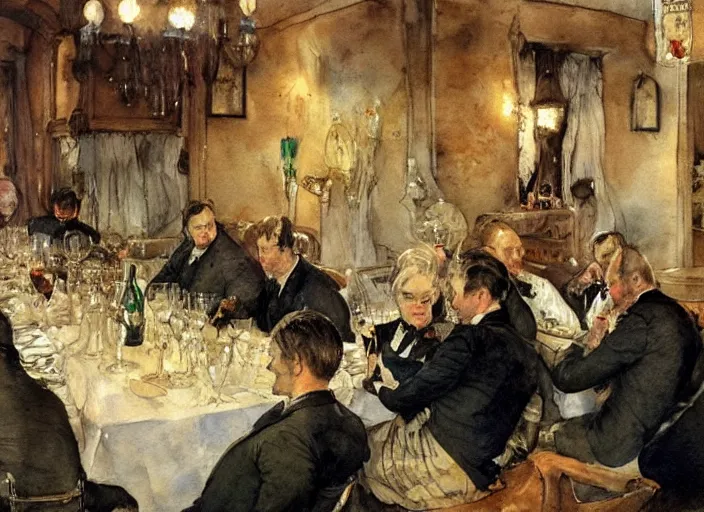 Image similar to gentlemens dinner, cellar, masterpiece, torches on wall, meat, wine, schnapps, watercolor by anders zorn and carl larsson, art nouveau