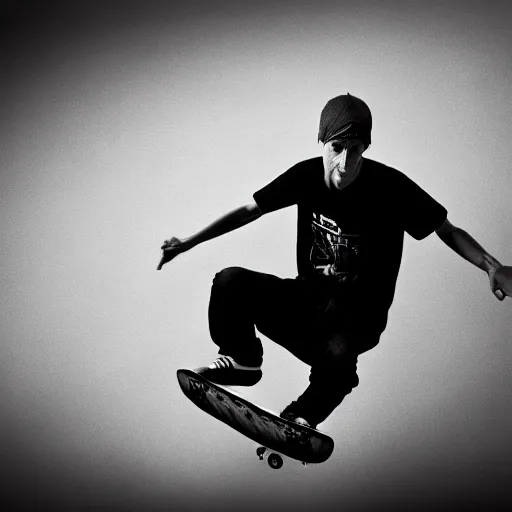 Prompt: tony hawk with no legs, photograph, black and white, emotional lighting, moody shadows, 4 k