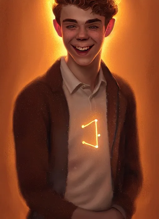 Image similar to portrait of teenage archie andrews, freckles, curly middle part haircut, curly hair, smiling kindly, friendly, 1 9 5 0 s, intricate, elegant, glowing lights, highly detailed, digital painting, artstation, concept art, smooth, sharp focus, illustration, art by wlop, mars ravelo and greg rutkowski