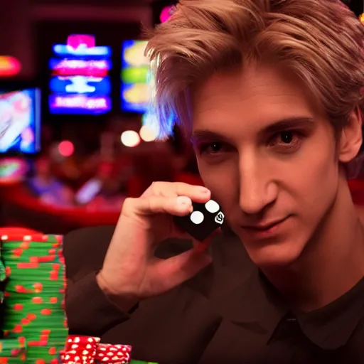 Image similar to film still of xqc gambling in Vegas, 4k, photorealism, artstation style