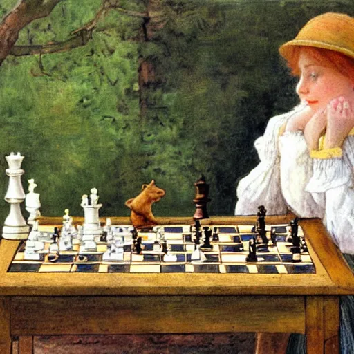 Prompt: a young edwardian woman playing chess against a rabbit, in the style of Carl Larsson