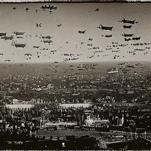 Prompt: grainy 1800s photo of a world\'s fair with flying machines above it