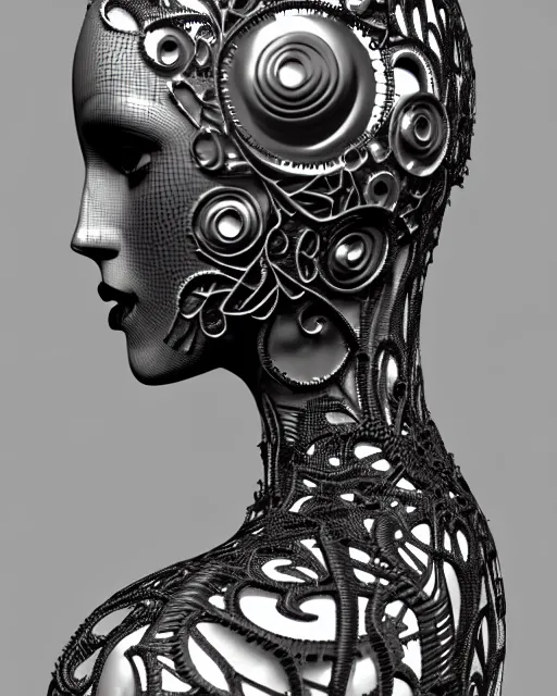 Image similar to monochrome 3 d model, profile portrait 1 8 9 0 picture, silver lace floral steampunk biomechanical beautiful young female cyborg with techno eye, volumetric light, leaves foliage and stems, hibiscus flowers, sinuous fine roots, fine foliage lace, alexander mcqueen, rim light, big gothic fashion pearl embroidered collar, octane render, hg giger, 8 k