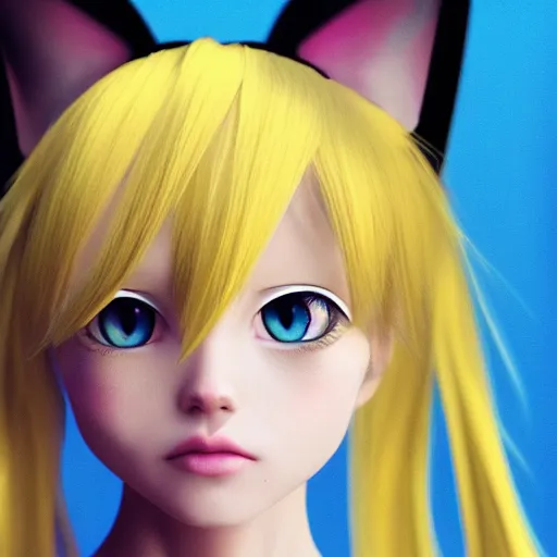 Prompt: yellow hair anime cat girl with blue eyes, extreme detail, 8K