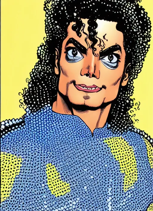 Image similar to dynamic macro head portrait of beautifu michael jackson super hero in white sequined jacket by cory walker and ryan ottley and jack kirby and barry windsor - smith, comic, illustration, photo real