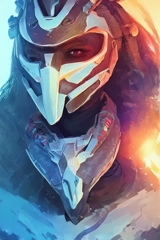 Image similar to combination suit armor aloy horizon forbidden west horizon zero dawn radiating a glowing aura global illumination ray tracing hdr fanart arstation by ian pesty and alena aenami artworks in 4 k tribal robot ninja mask helmet backpack