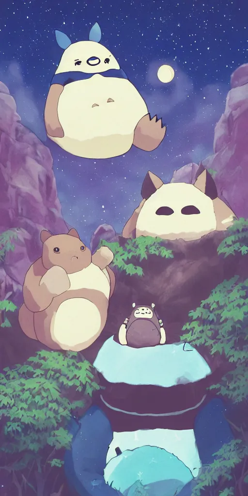 Image similar to glowing snorlax and totoro doing a picnic, mountain landscape, night sky, digital art, digital painting, celestial, majestic, colorful