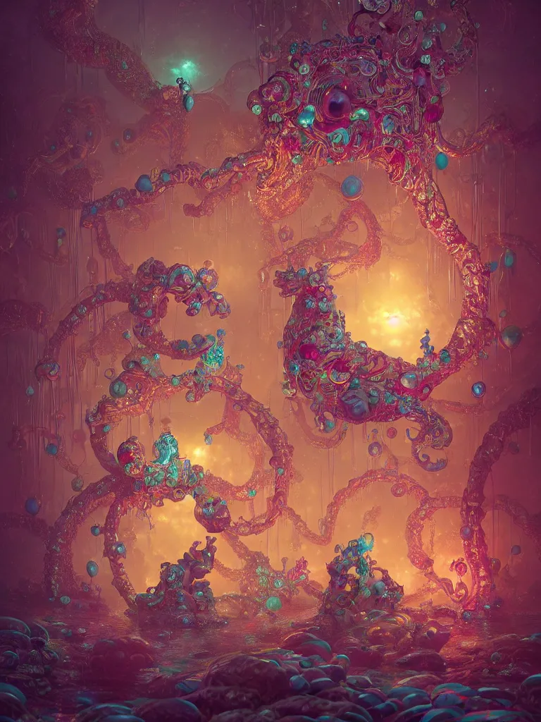 Image similar to macro, candy creature in candyland, water reflection, night, backlit, warm tones, bioluminescent : by michal karcz, daniel merriam, victo ngai and guillermo del toro : ornate, dynamic, particulate, intricate, elegant, highly detailed, centered, artstation, smooth, sharp focus, octane render