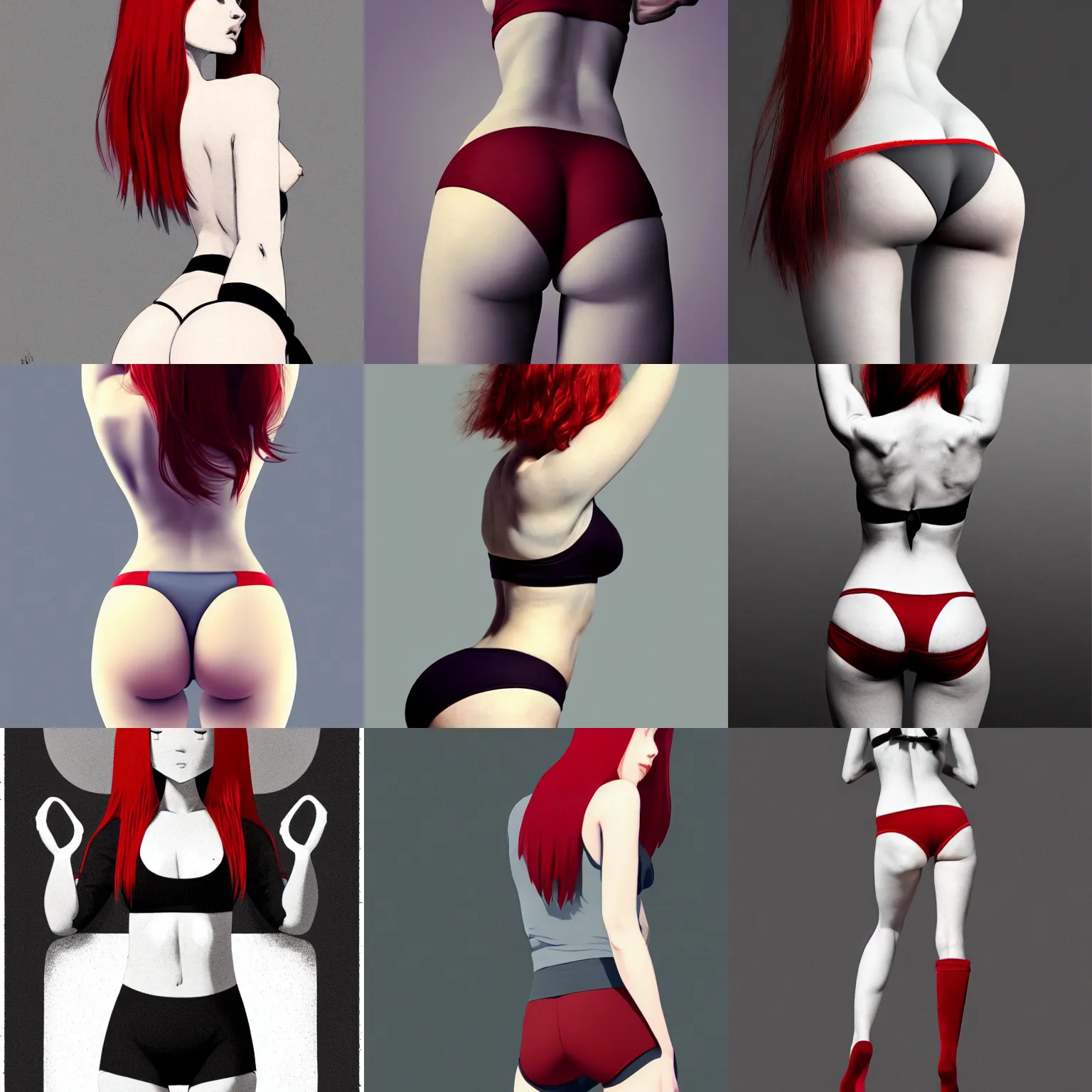 Prompt: red haired girl wearing grey underwear, view from behind , facing away , hourglass slim figure , hands on hips , elbows out and arched back , grey ribbon , cowboy shot , close up , grey bra and grey panties. By Greg Rutkowski, Ilya Kuvshinov , trending on ArtStation , simple white background , precise correct anatomy , arthouse