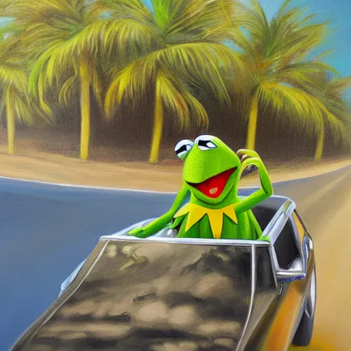 Image similar to kermit driving a car, palm trees, oil painting, detailed