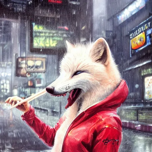 Prompt: white - furred anthropomorphic female vulpes vulpes fulva, eating noodles, in the rain by a noodle kiosk, in crowded and wet street of a city, cyberpunk, harsh neon lights, highly detailed, digital painting, trending on artstation, concept art, sharp focus, illustration, art by artgerm and greg rutkowski and magali villeneuve