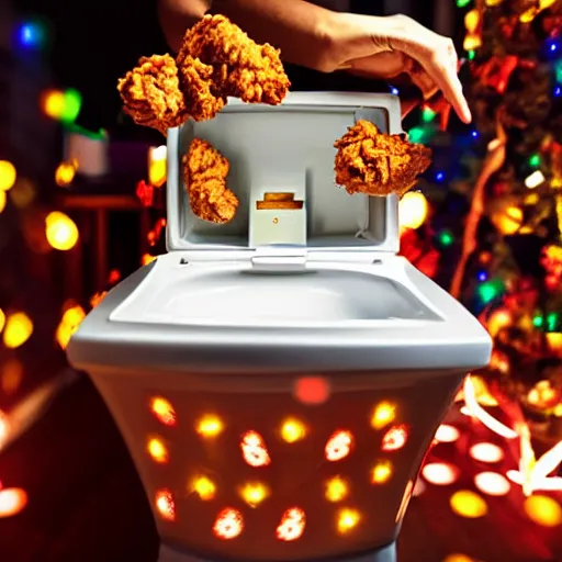 Image similar to open toilet with fried chicken inside of it, christmas lights attached