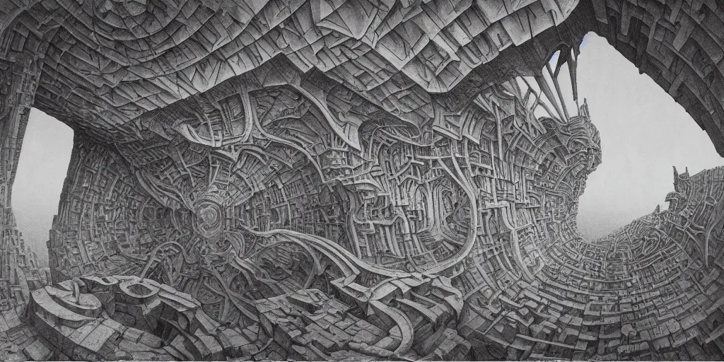 Image similar to isometric perspective, labyrinthine dilapidated prison architecture by mc escher, piranesi and mandelbrot, ricardo bofill. utopian landscape by roger dean. magical realism, zdzisław beksinski, giger biomechanical horror, surrealism, waterfalls, trending on artstation, shot from below,