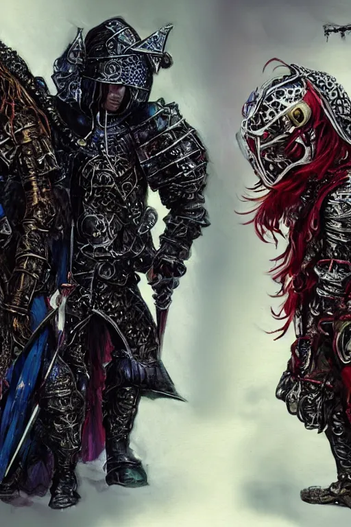 Image similar to Photo of Young Olsen twins as a medieval fantasy knight wearing dark steel scale armor and garments, Photo , red and blue jewerly ornaments, emerald jewelry, high fantasy, gothic, Sparth style, Final Fantasy style, Tsutomu Nihei style, Emil Melmoth style, Craig Mullins style, Shinkawa style, centered image, Photo , golden hour, soft lighting aesthetic, volumetric lighting,