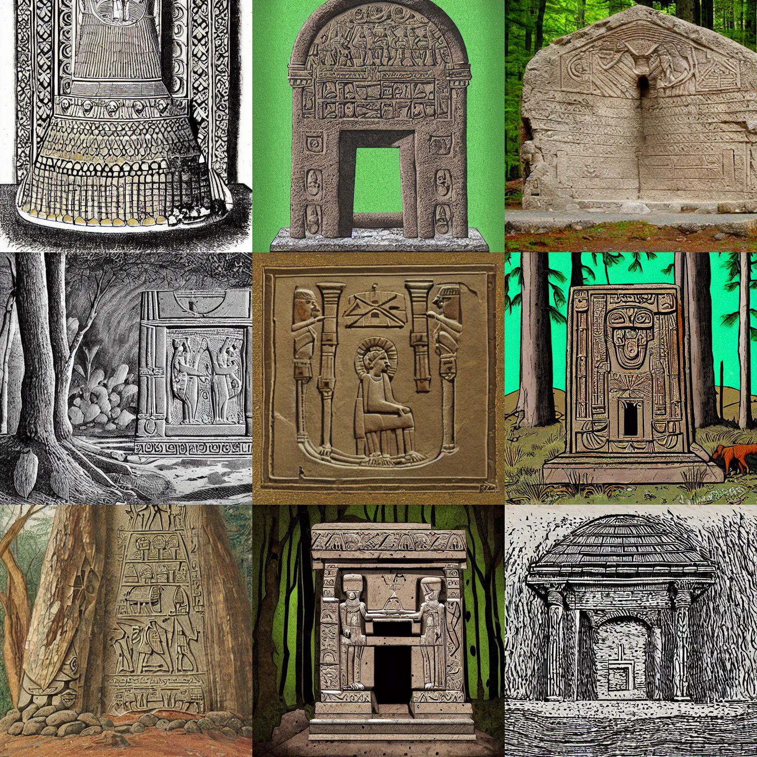 Prompt: ancient Assyrian portal in the woods of Maine illustration