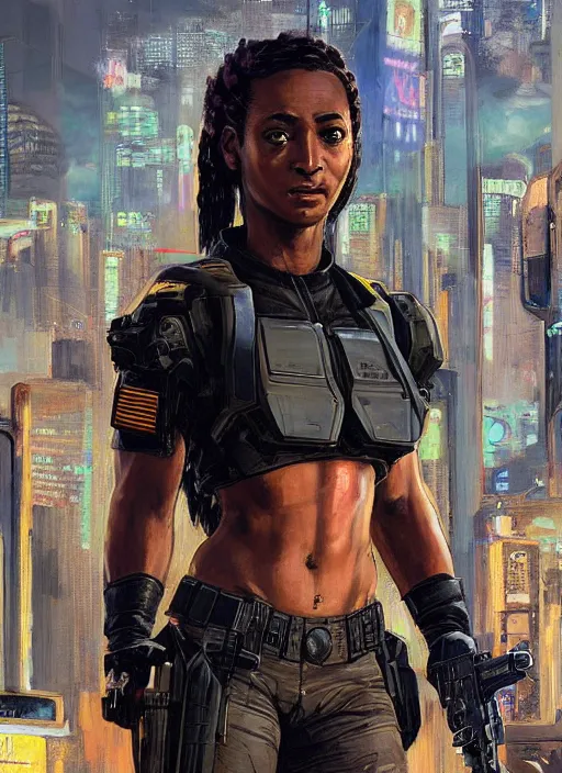 Image similar to Sgt. Maria igbo. Strong cyberpunk female USN marine wearing a military vest and powerful military cyberpunk exo-suit (cyberpunk 2077, bladerunner 2049). gorgeous face. Iranian orientalist portrait by john william waterhouse and Edwin Longsden Long and Theodore Ralli and Nasreddine Dinet, oil on canvas. Cinematic, hyper realism, realistic proportions, dramatic lighting, high detail 4k