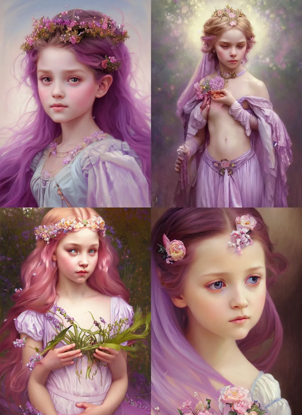 Prompt: oil painting of an innocent child princess, peaceful expression, ornate lavender and pink details, fantasy, intricate, elegant, whimsical, highly detailed brushstrokes, digital painting, artstation, dnd concept art, smooth, sharp focus, illustration, art by charlie bowater and artgerm and mark ryden and alphonse mucha