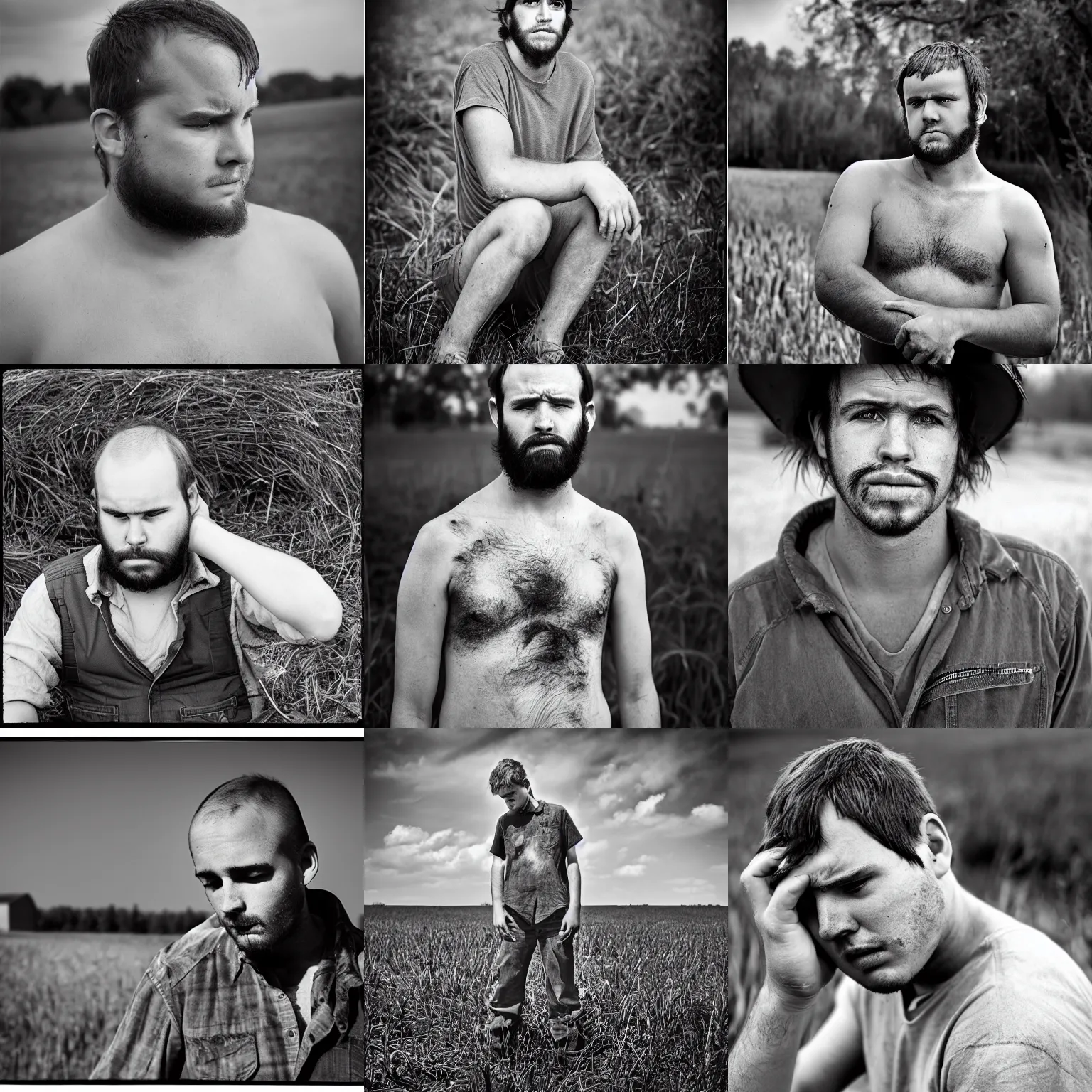 Prompt: A very sad young man, near farm, outdoors, photograph, f2.8, dramatic, balding hair, redneck, award-winning, large format