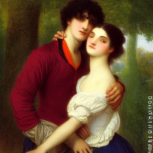 Image similar to young man in orange shirt and young woman in green dress with black hair hugging, by pierre - auguste cot