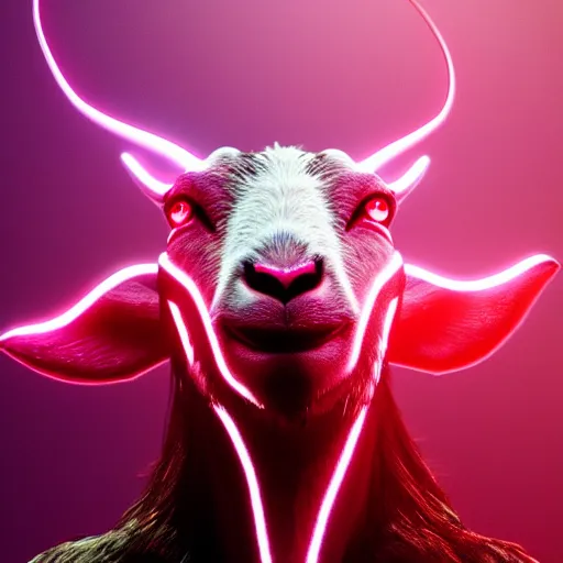 Image similar to synthwave demonic goat face with neon horns, detailed face, sharp focus, synthwave art, aesthetic, octane render, raw, cinematic, white background